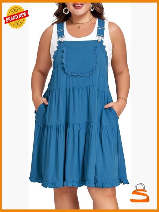 Denim - Plus Size Overall Dress Adjustable Straps Lace Trim Tiered Mini Dress with